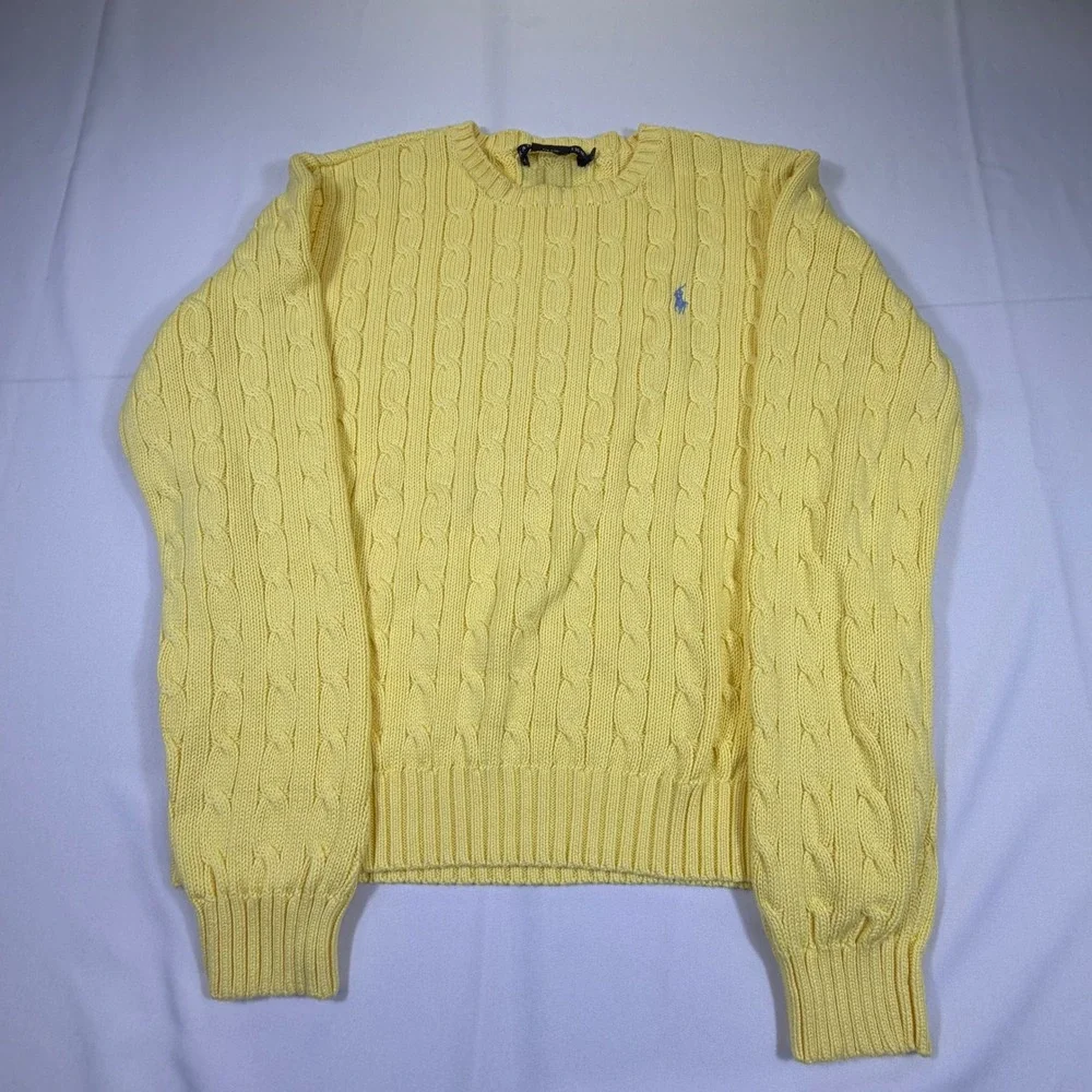 Ralph Lauren Yellow Cable Knit Cotton Sweater XL Blue Pony Crew Neck Long Sleeve